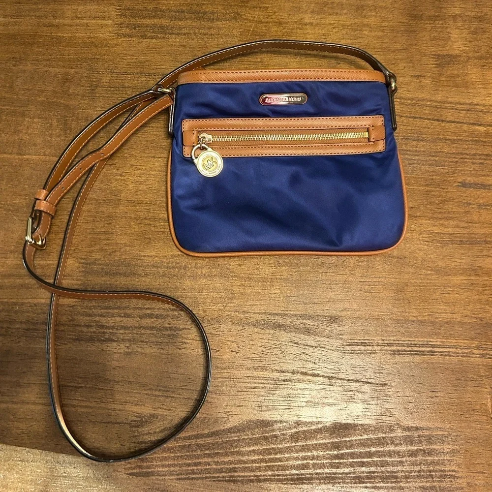 Michael Kors Kempton Blue and Tan Nylon Crossbody Purse